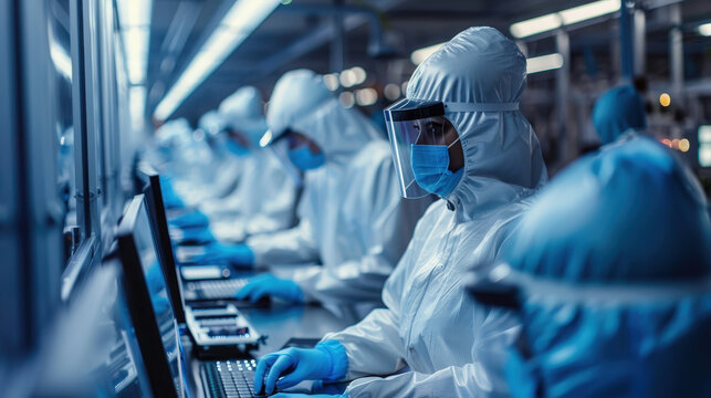 Diverse workers in protective suits assembling - Powered by Adobe