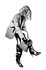 Young fashion woman adjusts her boots, comic pop art style, vector illustration, black and white