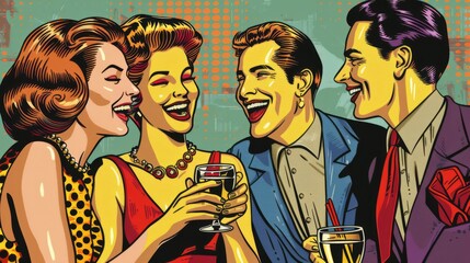 A group of modern urban men and women talking and laughing party drinks sending an invite to friends, vintage retro comic illustration