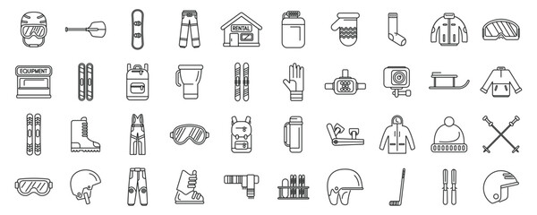 Ski equipment rental icons set. Skiing and snowboarding equipment and accessories for winter sports and activities line icons set
