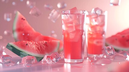  Close-up of a glass of strawberry juice with ice cubes and a fresh strawberry on the rim. 
