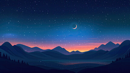 Fototapeta premium A serene night landscape featuring mountains, a glowing crescent moon, and a starry sky with vibrant hues of blue and orange.