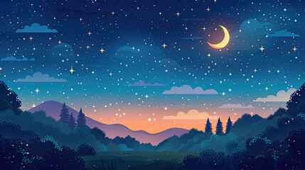 Naklejka premium A serene night sky filled with stars and a crescent moon over distant mountains and tranquil forests.