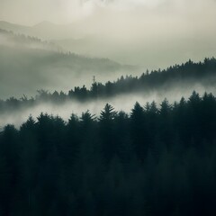 Fototapeta premium Vintage Retro Misty Landscape with Fir Forest.