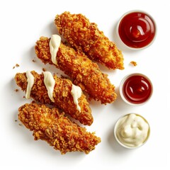 A realistic photography of breaded chicken fingers with ketchup and mayonnaise on the side white background top view food advertising 