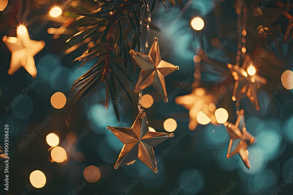 Poster bunch of stars hanging from tree, bokeh background with twinkling stars, ideal for magical setting