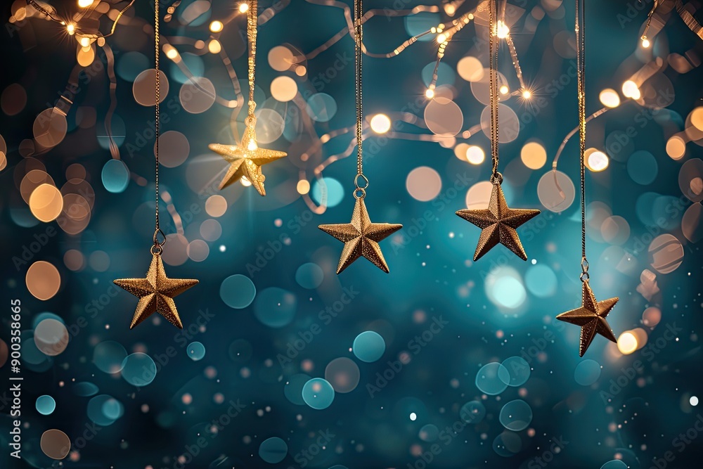 Poster bunch of stars hanging from tree, bokeh background with twinkling stars, ideal for magical setting