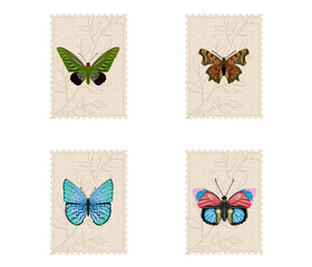 set postage stamps collection of butterflies, isolated