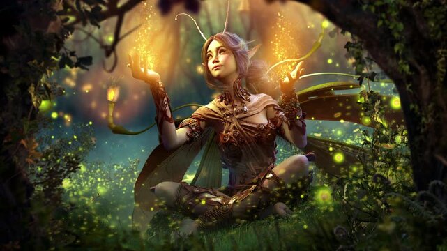 A cute fairy with green ruddy skin and a mustache smiles creating yellow sparks in the middle of a dark night deep forest, she is sitting on grass, surrounded by fireflies clean looped 2d animated art
