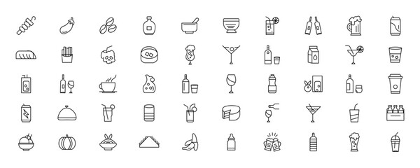Food and drink icon collection set. Thin outline icons. Meat, milk, noodle, soup, bread, egg, cake, sweets, fruits, vegetables, drinks, nutrition, pizza, fish, sauce, cheese icon