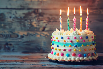A birthday cake with lit candles and colorful decorations sits on a rustic wooden table