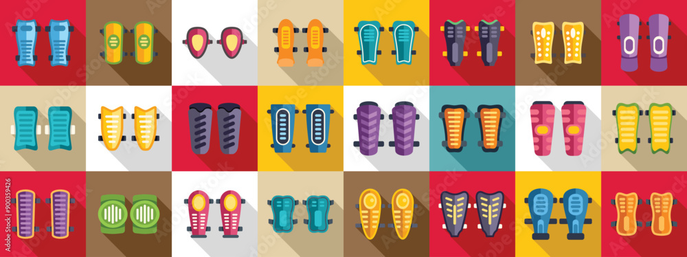 Poster shin guards icons set. soccer shin pads icons set in flat style for any design