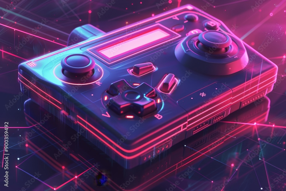 Poster game controller with glowing background, bold, dynamic design inspired by 1980s video game console g