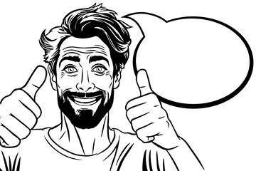Fototapeta premium thumbs up Young happy smiling man with thumbs up and speech bubble, comic pop art vector illustration, outline
