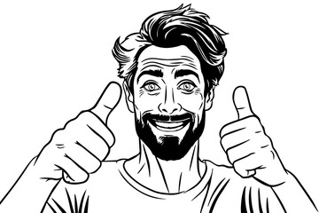 thumbs up Young happy smiling man with thumbs up, comic pop art vector illustration, outline