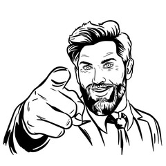 Happy smiling businessman pointing at you with his finger, comic pop art vector illustration, outline