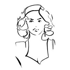 Abstract portrait of young beautiful woman, drawing with lines, vector illustration