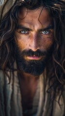 Fototapeta premium Intense Portrait of a Bearded Man with Freckles. Rustic and Natural Look.