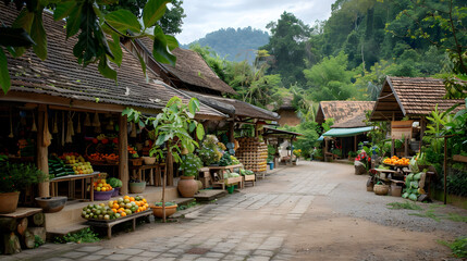 Obraz premium Charming market with colorful produce stalls, bustling crowds, and quaint village buildings in background.