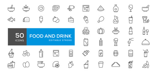 Food and drink icon collection set. Thin outline icons. Meat, milk, noodle, soup, bread, egg, cake, sweets, fruits, vegetables, drinks, nutrition, pizza, fish, sauce, cheese icon