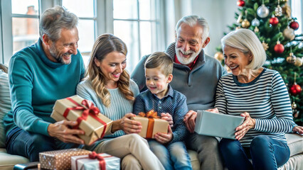 Portrait of happy family with gift boxes sitting on couch at home