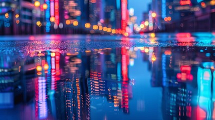 Obraz premium Nighttime urban reflections realistic photo of neon cityscape on chrome surface