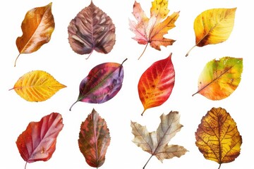 A collection of vibrant leaves arranged on a white background