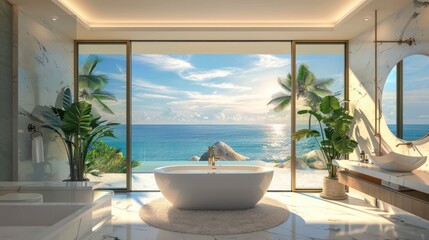 Naklejka premium A large white bathtub is in a bathroom with a view of the ocean