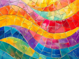 Abstract colorful mosaic pattern with wavy lines in a rainbow color scheme.