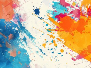 Abstract colorful paint splatters on a white background.