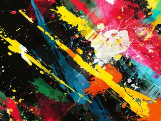 Abstract colorful paint splatters and streaks on a black background.