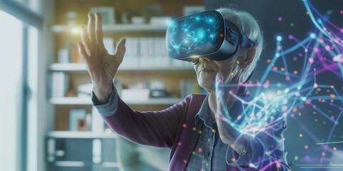 senior using artificial intelligence on virtual screen with a simple minimalist colourful UI for communicating with friends online - future social media concept