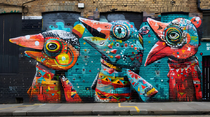 Fototapeta premium Vibrant and eclectic murals fill the city streets with raw and unconventional artistic expression.