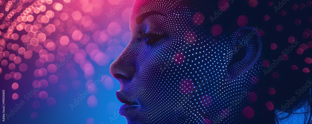 Aufkleber abstract digital human head made from dots in neon colors. facial recognition. digital soul of machi