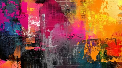 Abstract digital painting with vibrant colors and bold brushstrokes. A blend of pink, orange, yellow, and blue creates a dynamic and energetic composition.