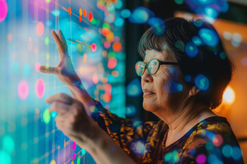 senior Asian using artificial intelligence on virtual screen with a simple minimalist colourful UI for communicating with friends online - future social media concept