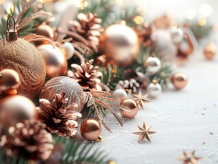 A festive arrangement of gold and white Christmas ornaments, pine branches, and pinecones on a white background.