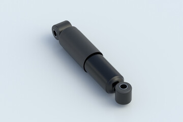 Shock absorber for car or moto on gray background. Automotive spare parts. New component for auto suspension. 3d render