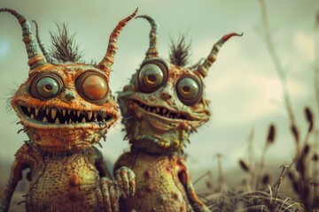 Fototapeta premium Two extraterrestrial beings stand side by side, showcasing their unique physical characteristics
