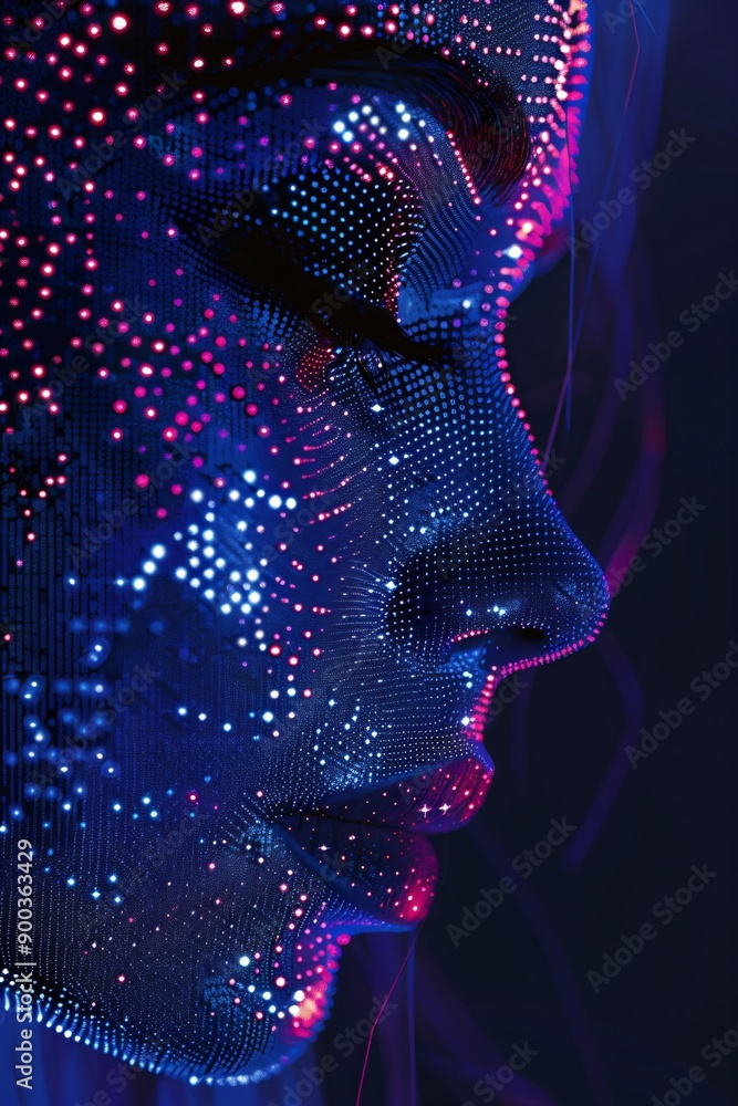 Aufkleber abstract digital human head made from dots in neon colors. facial recognition. digital soul of machi