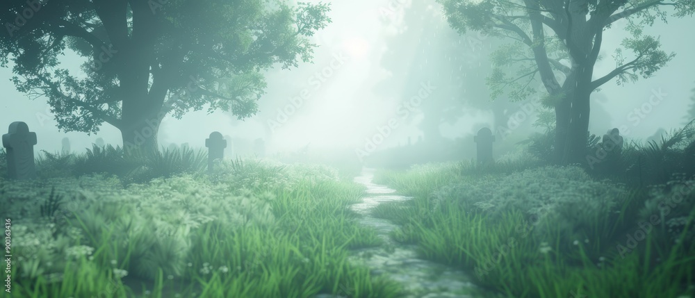 Poster a forest with a path through it and a cemetery