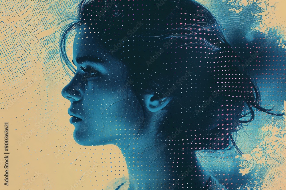 Aufkleber abstract digital human head made from dots in neon colors. facial recognition. digital soul of machi