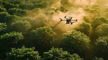 Fototapeta premium Agriculture drone fly to sprayed fertilizer on row of cassava tree. smart farmer use drone for various fields like research analysis, terrain scanning technology, smart technology concept.