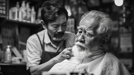 A traditional barber giving a shave in a small shop, showcasing local grooming practices