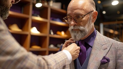 A tailor measuring a customer for a custom-made suit, showcasing personalized clothing services