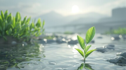 A small green leaf is floating in a body of water