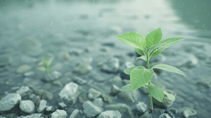 A small green plant is growing in a stream of water