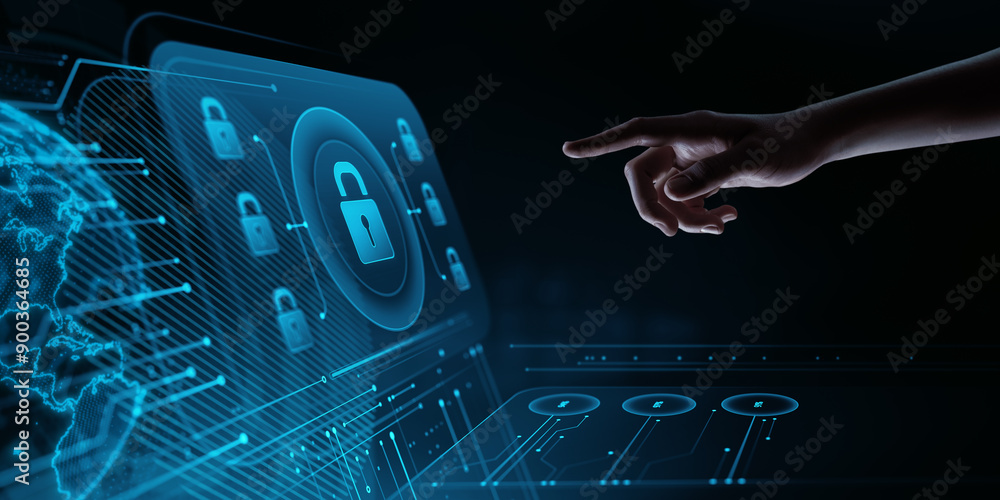 Poster hand touching a digital virtual screen with a lock icon. cyber security and data protection concept