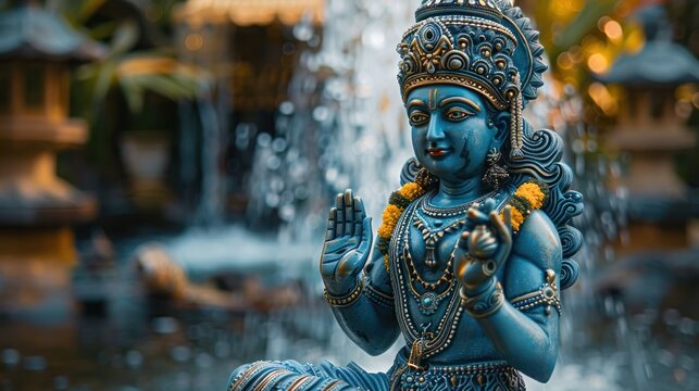 A serene and detailed idol of Lord Varuna, the god of water, with aquatic elements and divine presence