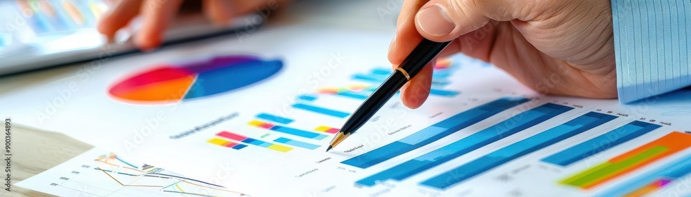 Poster close-up of a hand analyzing business data with graphs and charts, showcasing financial growth and p